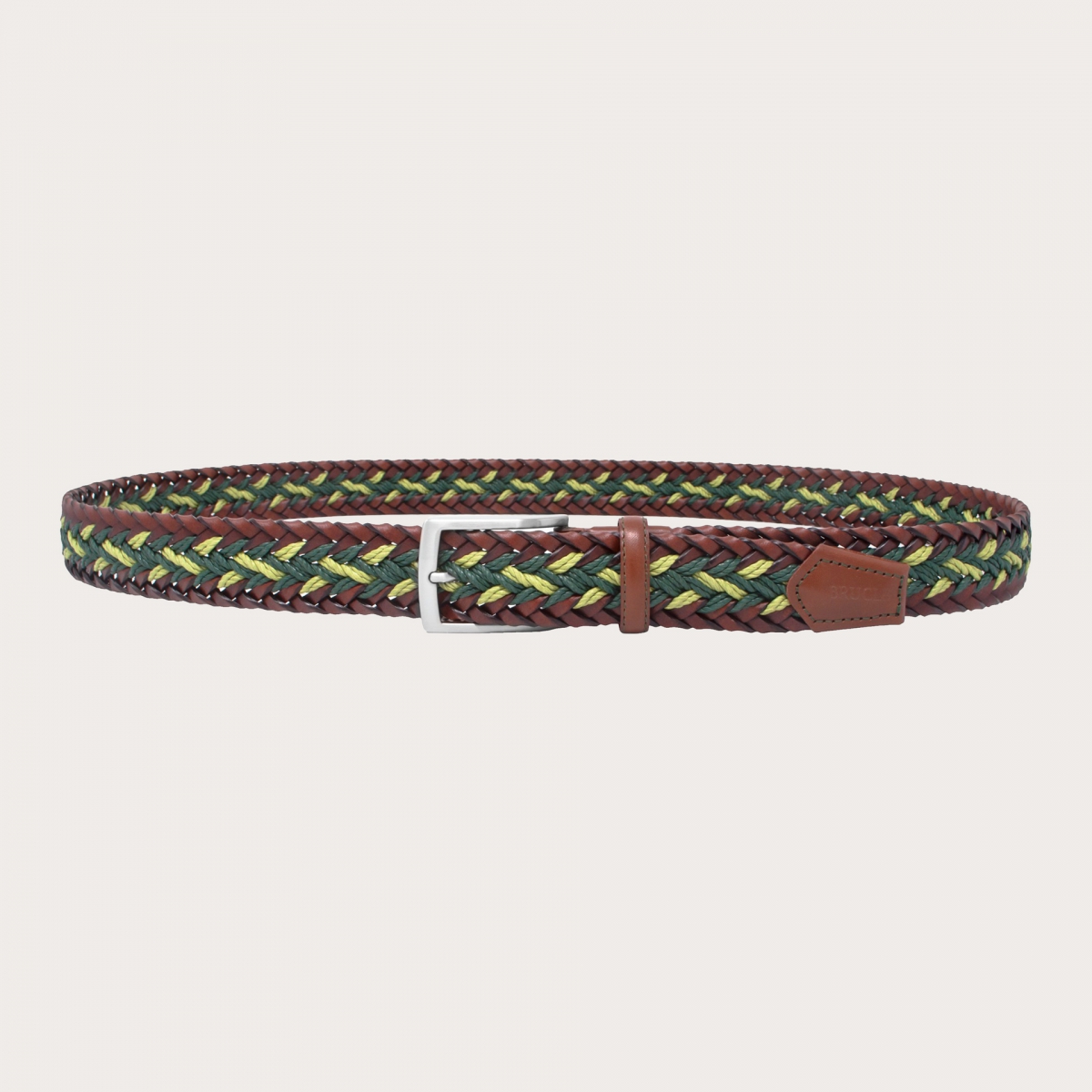 BRUCLE Cintura intrecciata verde e marrone in cuoio, corda e cotone