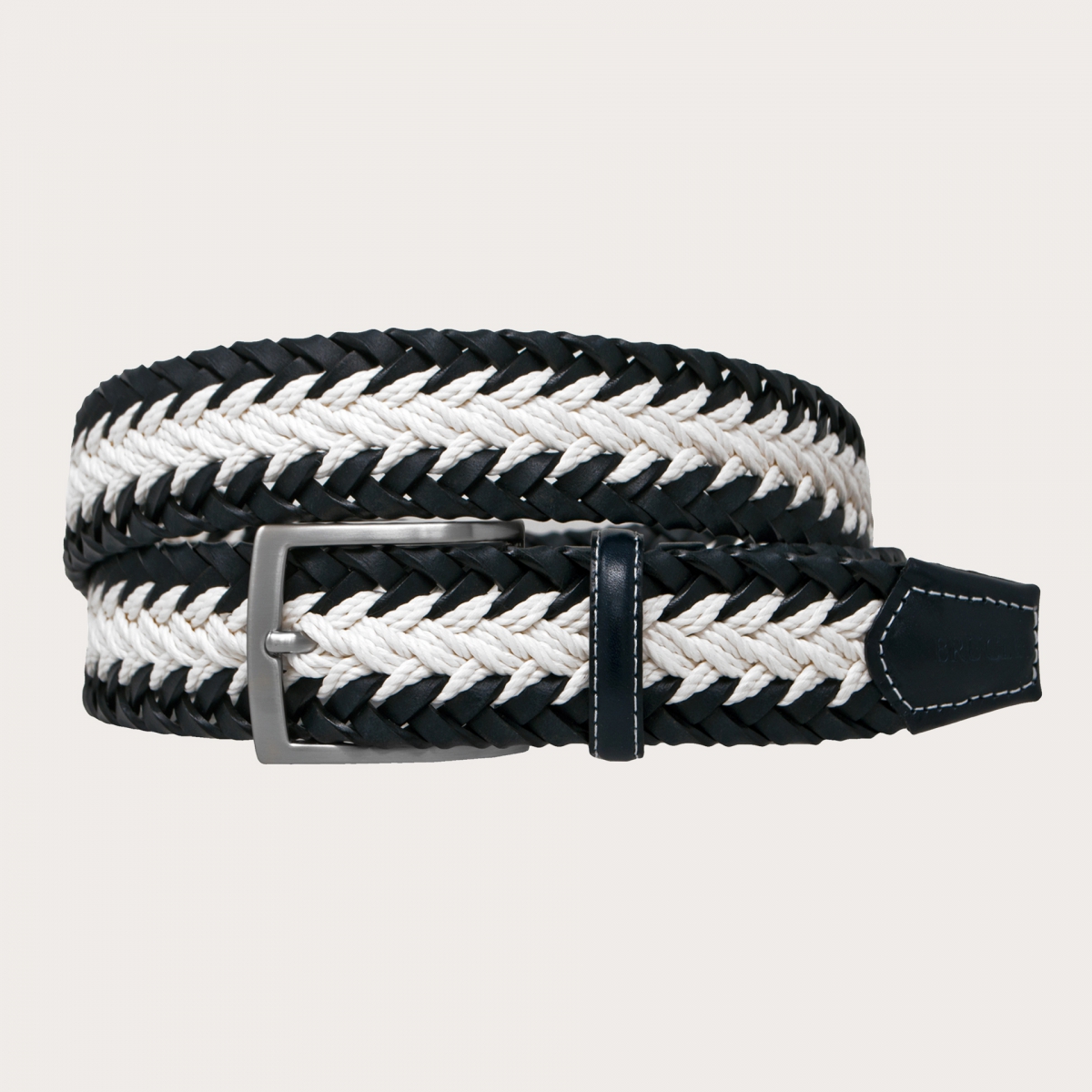 BRUCLE Cinturón trenzado blanco y negro de piel, cuerda y algodón