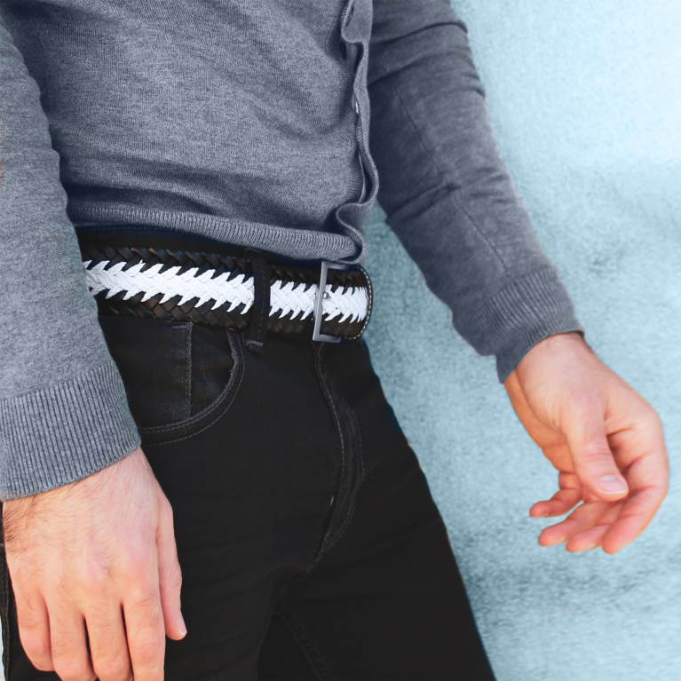 Cintura intrecciata bianca e nera in cuoio, corda e cotone