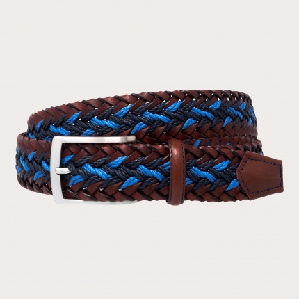 Blue and brown braided belt in leather, rope and cotton