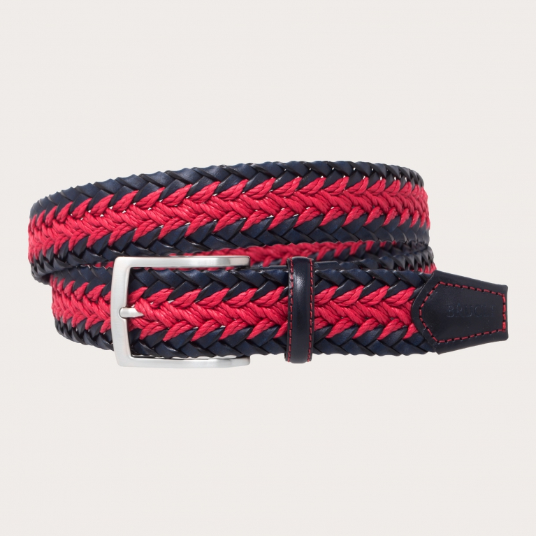 Blue and red braided belt in leather, rope and cotton