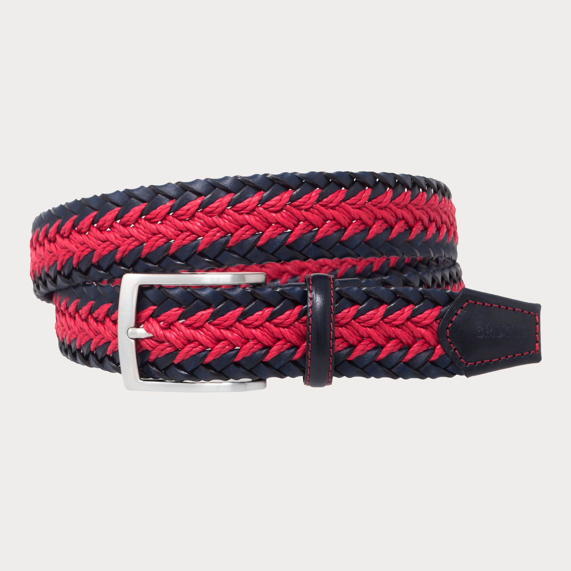 Braided cotton and leather belt, dark blue and red