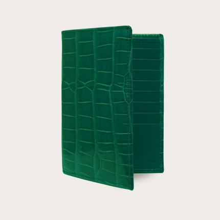 Vertical genuine crocodile leather document holder wallet, forest green