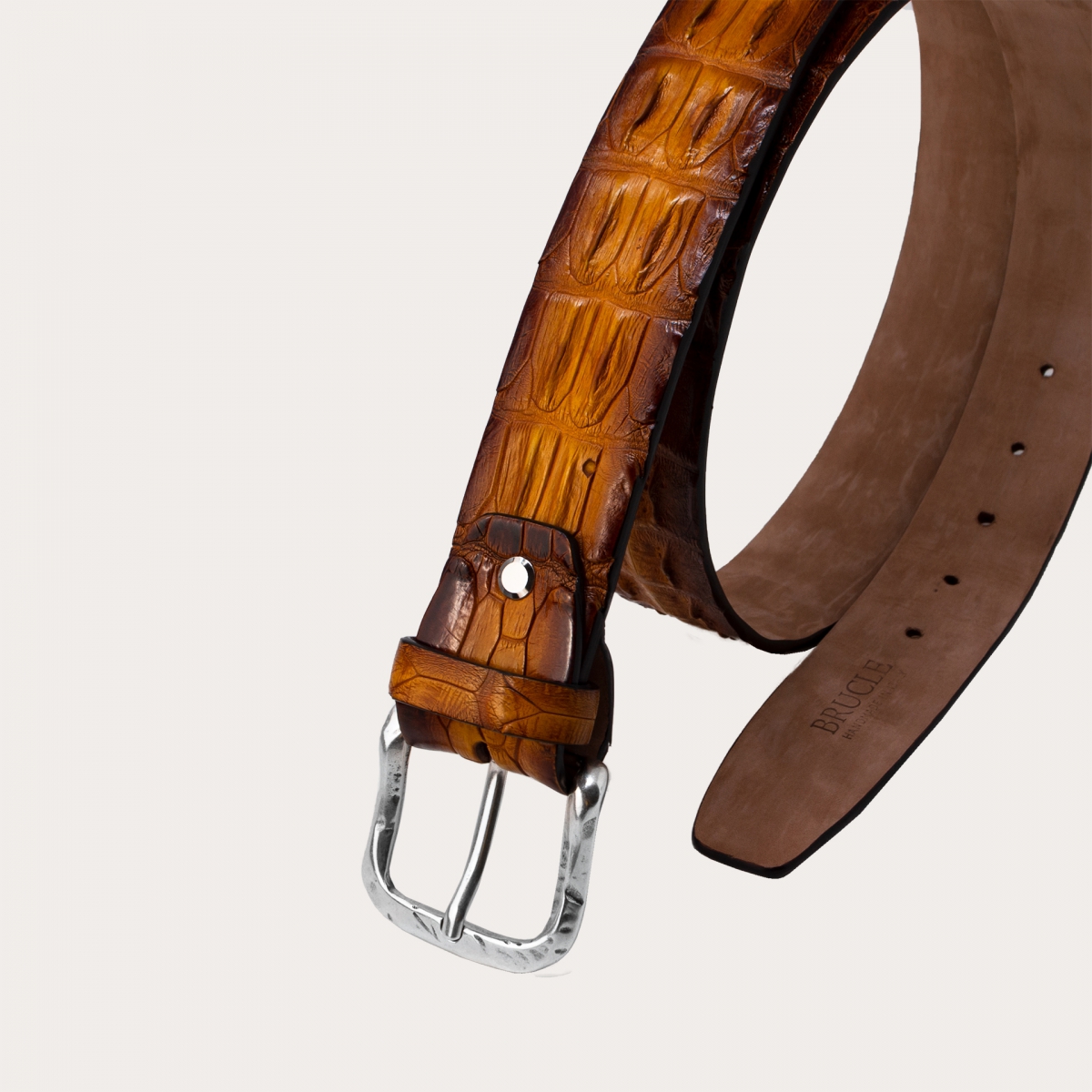 BRUCLE Luxury belt in colored crocodile with patina effect, pumpkin and brown