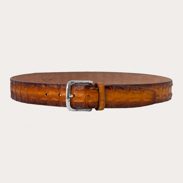 Luxury belt in colored crocodile with patina effect, pumpkin and brown
