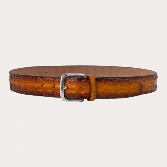 BRUCLE Luxury belt in colored crocodile with patina effect, pumpkin and brown