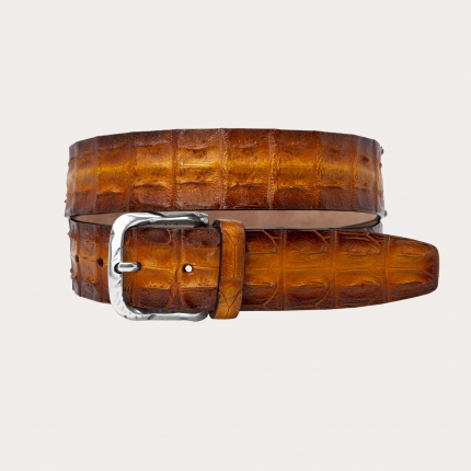 Luxury belt in colored crocodile with patina effect, pumpkin and brown