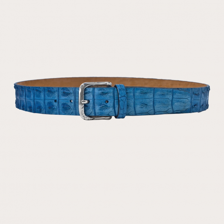 Hand-colored crocodile belt, cobalt color