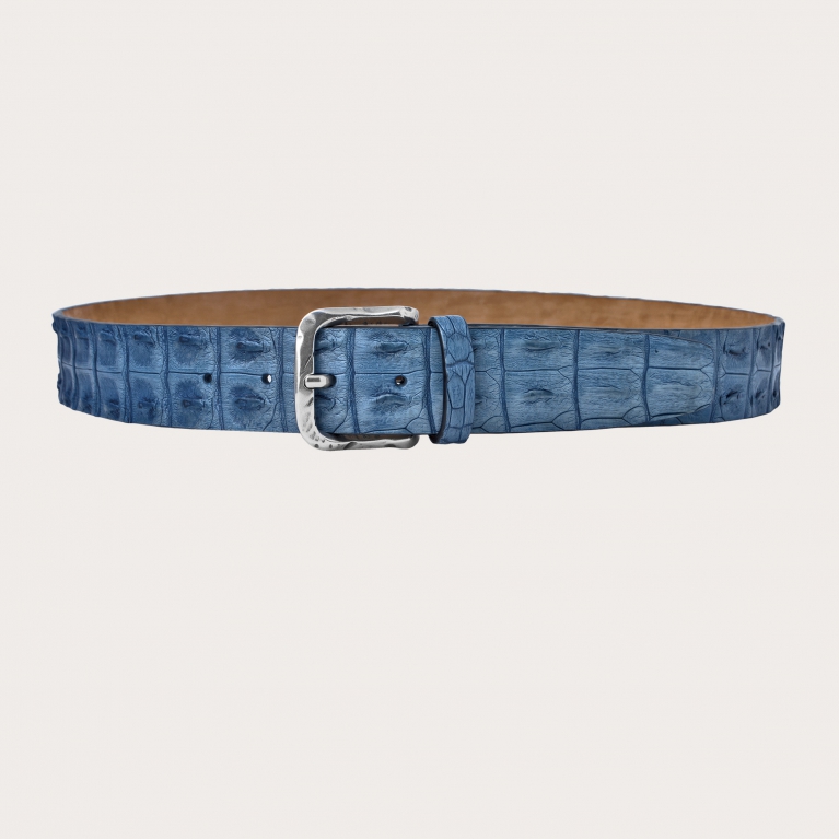 Hand-colored crocodile belt, blue jeans