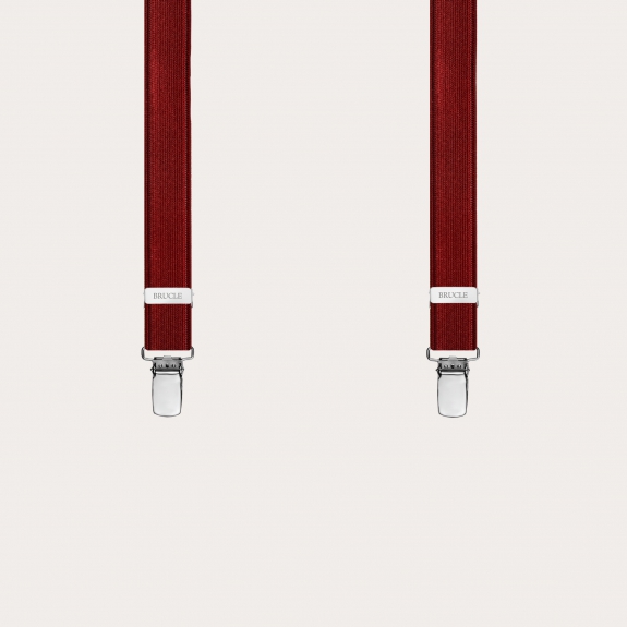 Formal skinny X-shape elastic suspenders with clips, satin burgundy