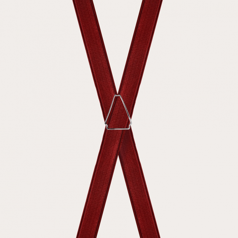 Formal skinny X-shape elastic suspenders with clips, satin burgundy
