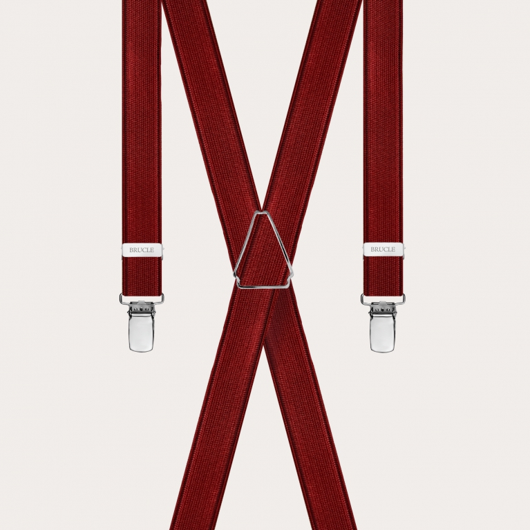 Formal skinny X-shape elastic suspenders with clips, satin burgundy
