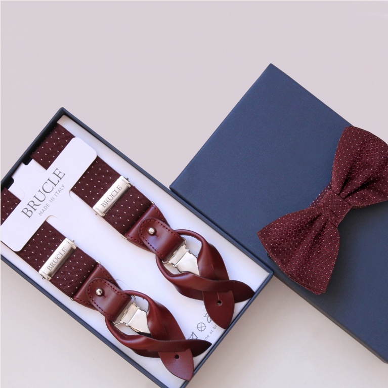 Y-shape suspenders and matching bow tie, dotted burgundy