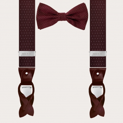 Y-shape suspenders and matching bow tie, dotted burgundy