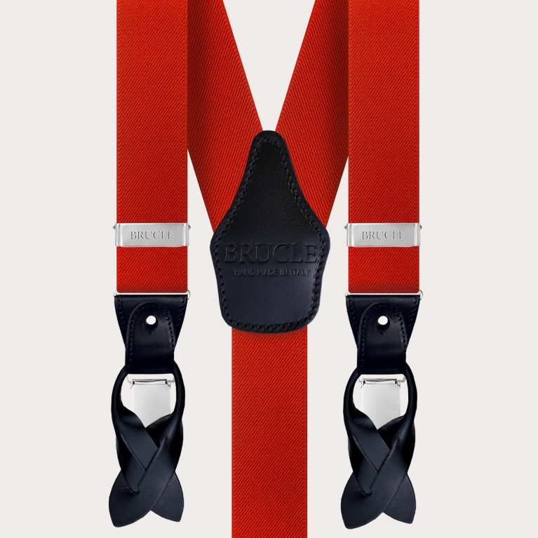 Elastische Hosenträger in Y-Form, rot mit blauen Lederteilen
