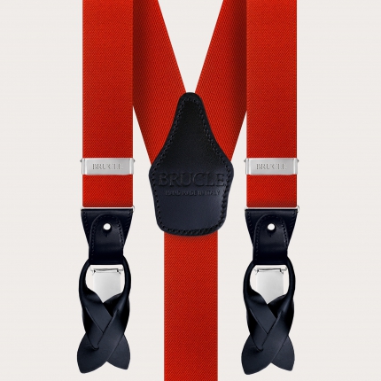 Bretelles élastiques en forme de Y, rouges avec parties en cuir bleu