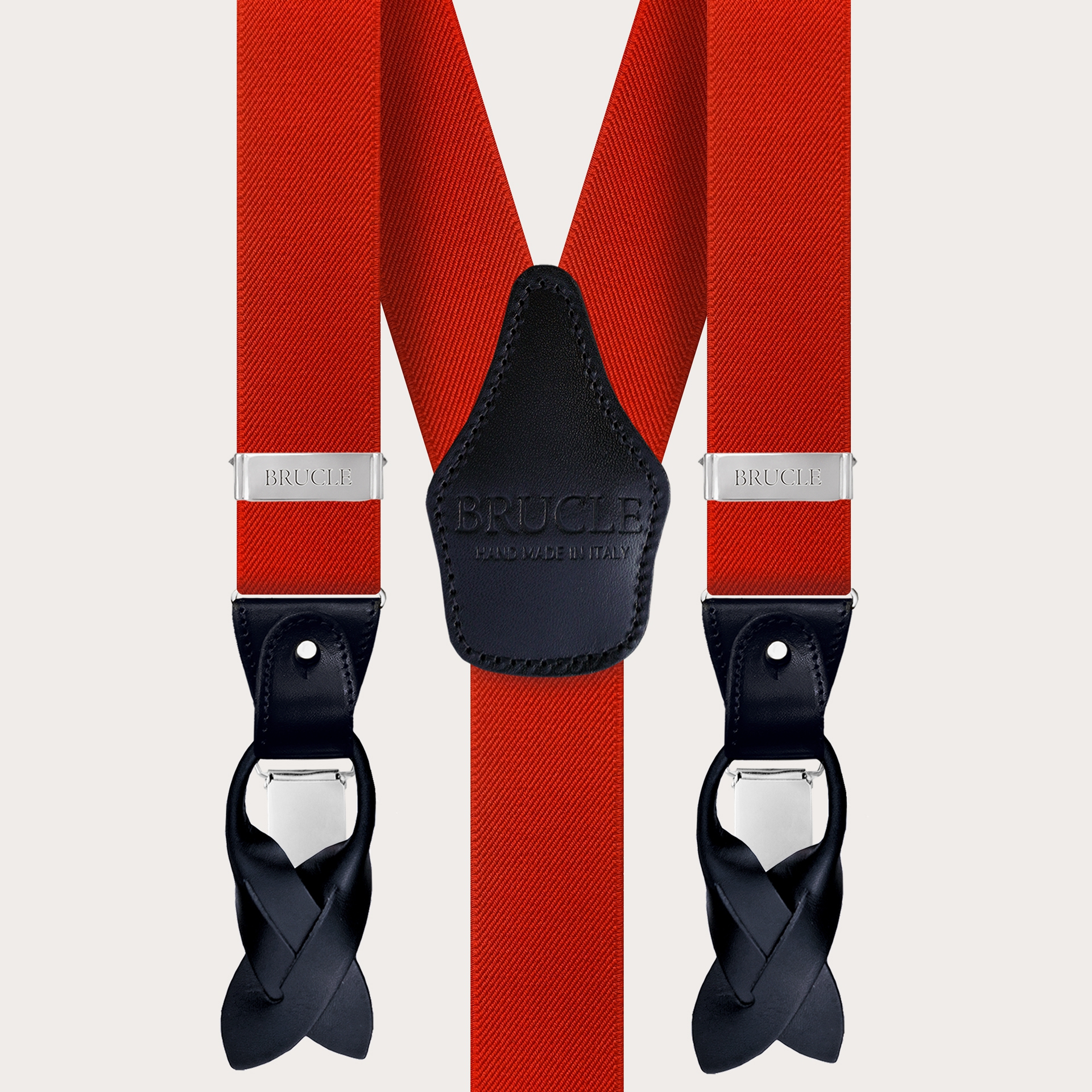 BRUCLE Elastische Hosenträger in Y-Form, rot mit blauen Lederteilen