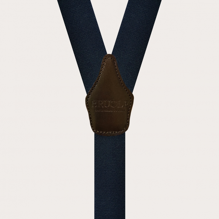 Bretelles élégantes sans nickel, bleu avec cuir marron foncé
