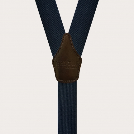 Bretelles élégantes sans nickel, bleu avec cuir marron foncé