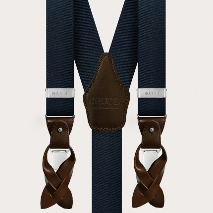 Elegant nickel free suspenders, blue with dark brown leather