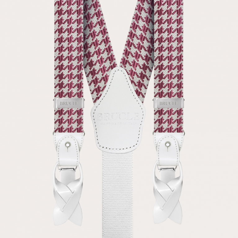 Formal Y-shape fabric suspenders in silk, pink pied de poule