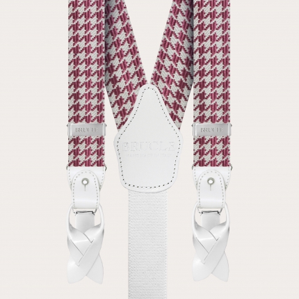 Formal Y-shape fabric suspenders in silk, pink pied de poule Color-Pink Size-120cm