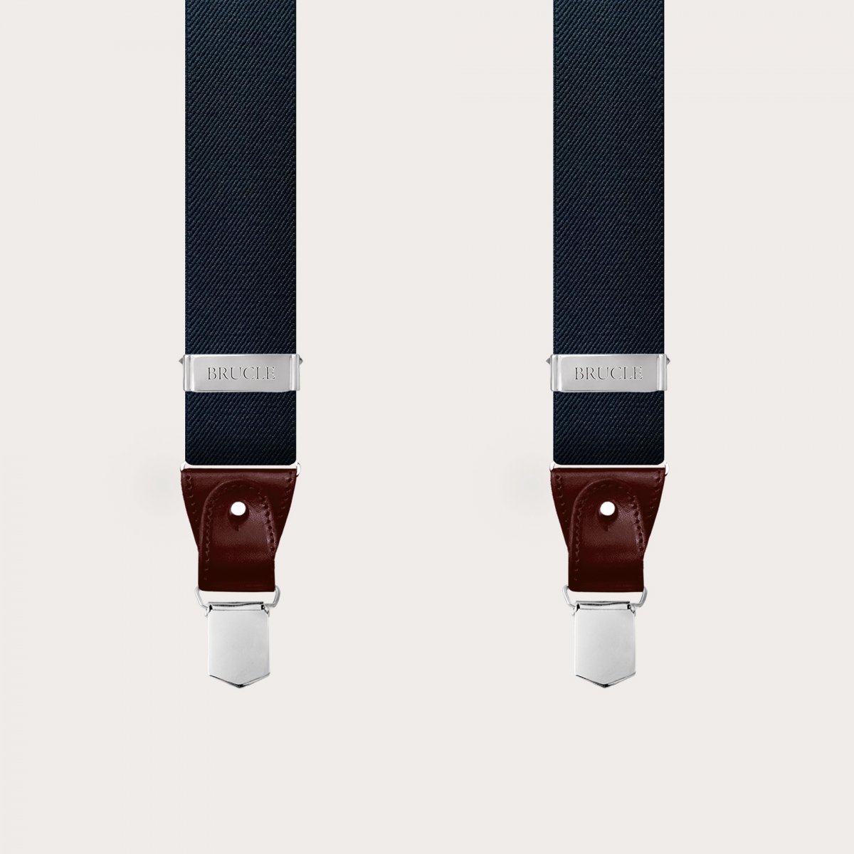 BRUCLE Y-shaped elastic suspenders, blue with burgundy leather parts