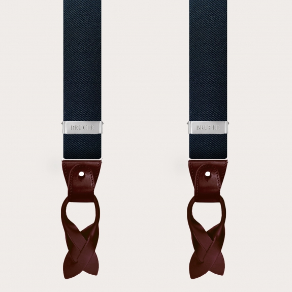 BRUCLE Y-shaped elastic suspenders, blue with burgundy leather parts