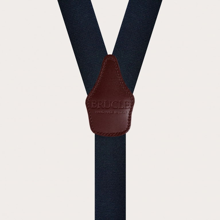 Y-shaped elastic suspenders, blue with burgundy leather parts