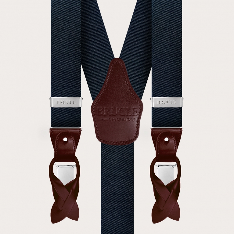 Bretelle elastiche a Y blu con pelle bordeaux