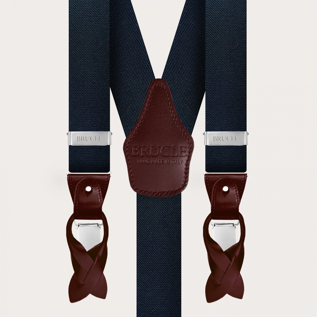 BRUCLE Tirantes elásticos en forma de Y, azul con partes de cuero burdeos