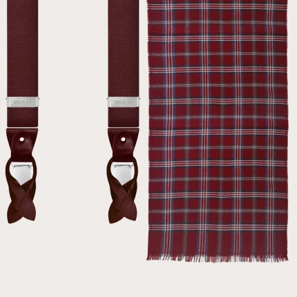 Set of suspenders and scarf for men, burgundy