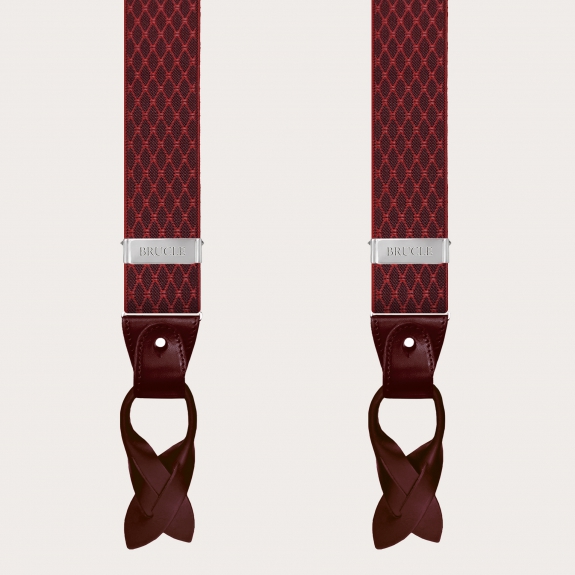 Y-shape elastic suspenders, burgundy diamond pattern
