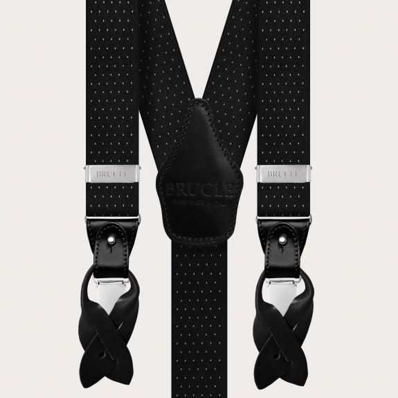 Schwarze elastische Hosenträger in Y-Form mit gepunktetem Muster