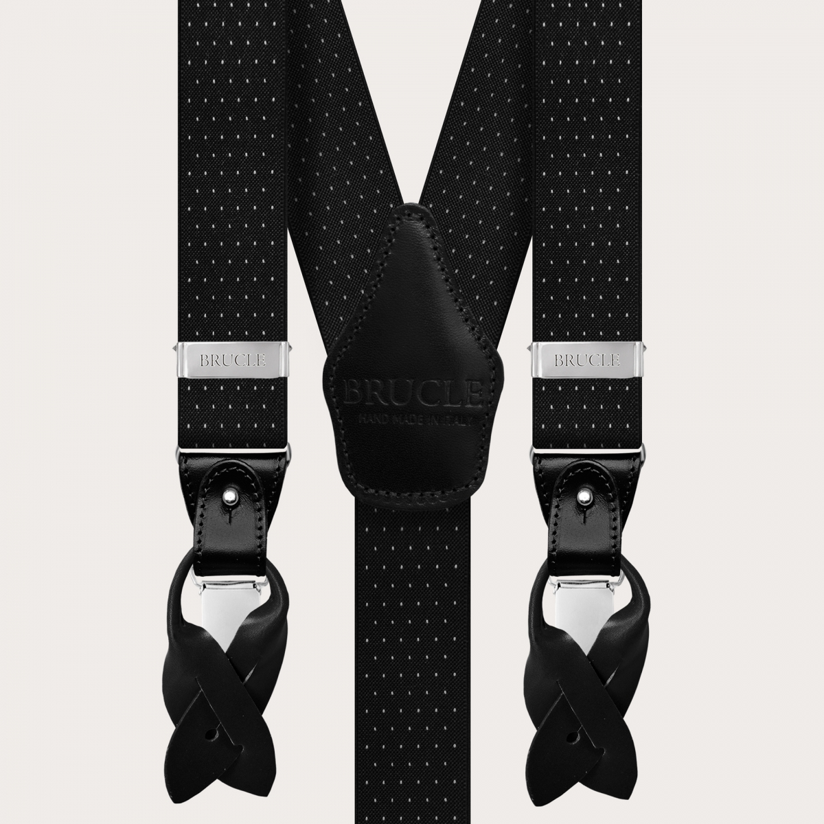 BRUCLE Y-shape black elastic suspenders with dotted pattern
