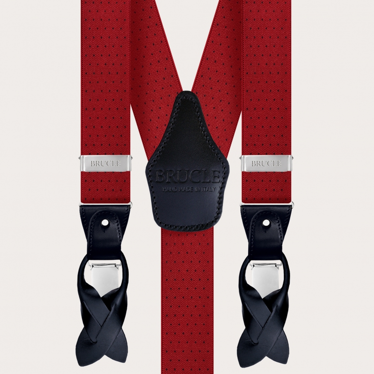 Rote, elastische Hosenträger in Y-Form mit gepunktetem Muster