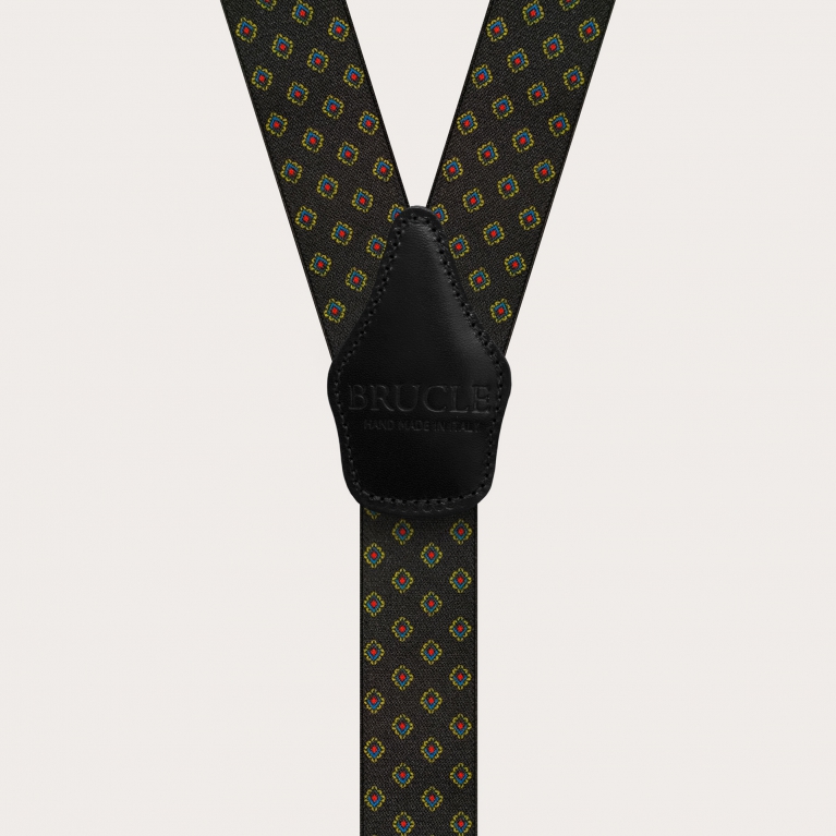Elastic black suspenders for men with geometric pattern