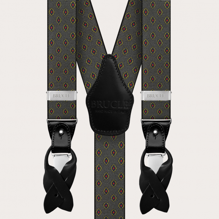 Elastic grey suspenders for men with geometric pattern