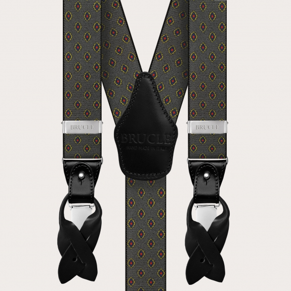 BRUCLEElastic grey suspenders for men with geometric pattern