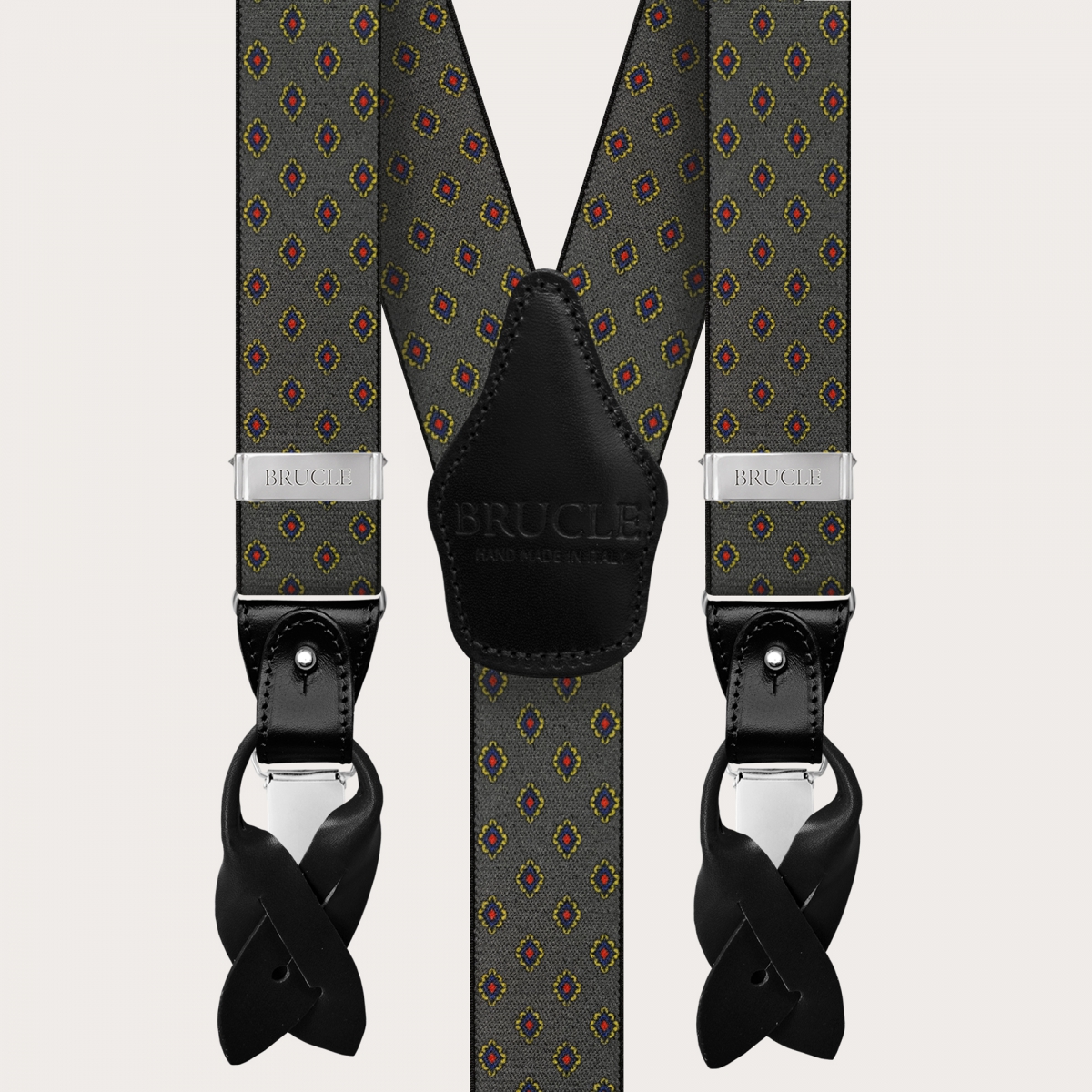 BRUCLEElastische graue Hosenträger für Herren mit geometrischem Muster