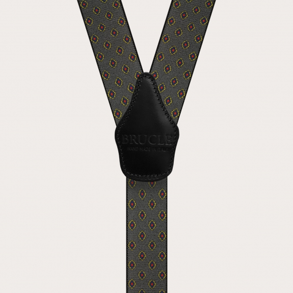 BRUCLEElastic grey suspenders for men with geometric pattern