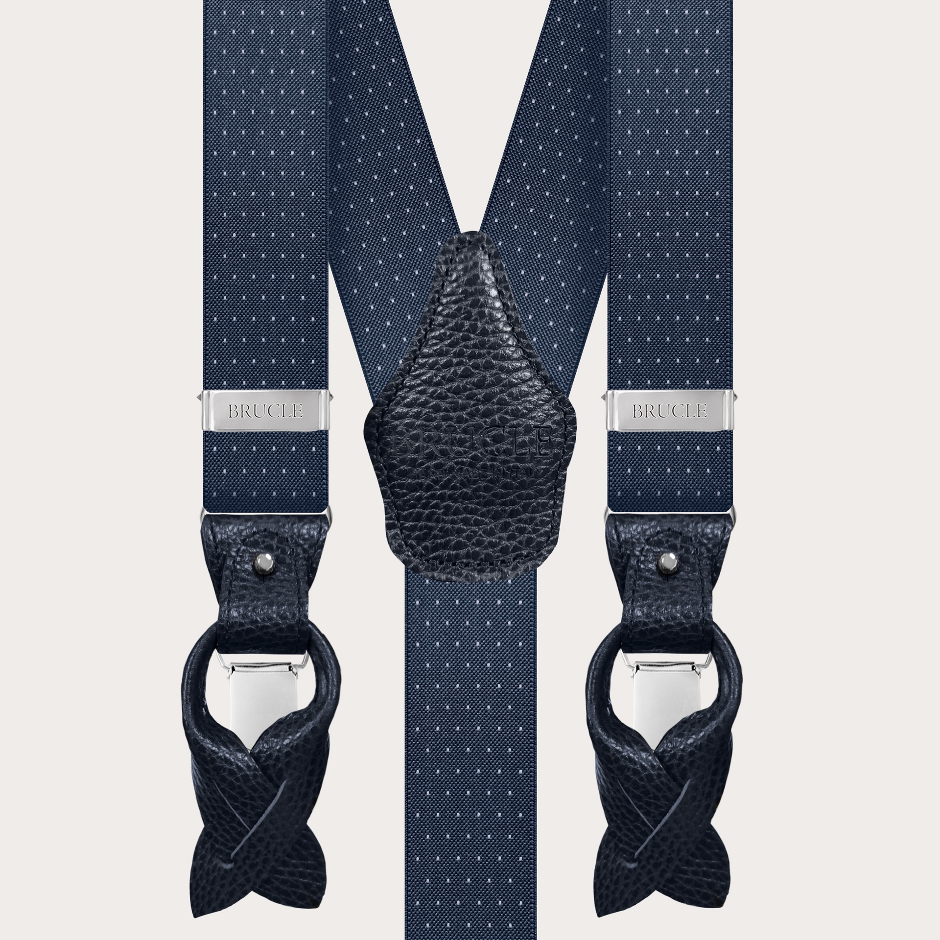 Smoky blue elastic Y-shaped suspenders with dotted pattern
