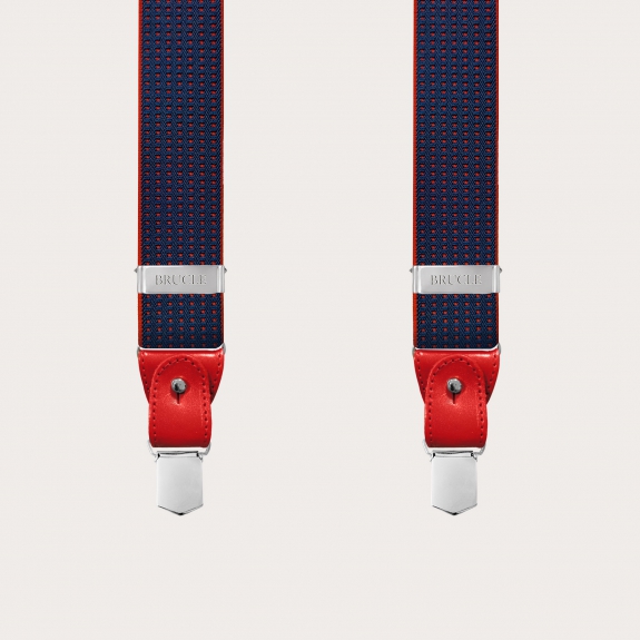 BRUCLE Y-shape blue elastic suspenders with red dotted pattern