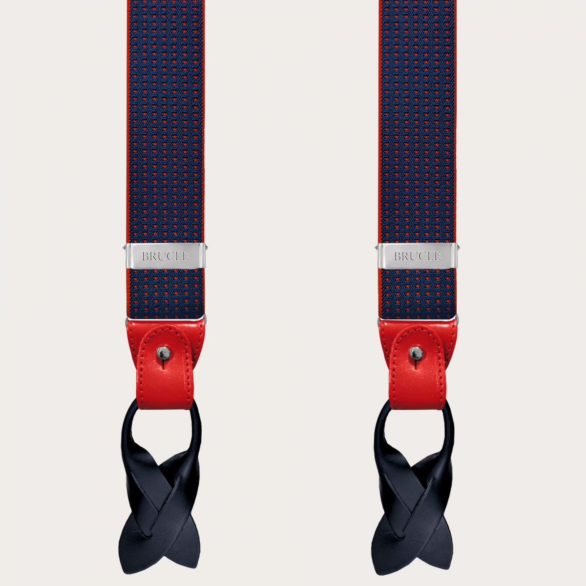 BRUCLE Y-shape blue elastic suspenders with red dotted pattern