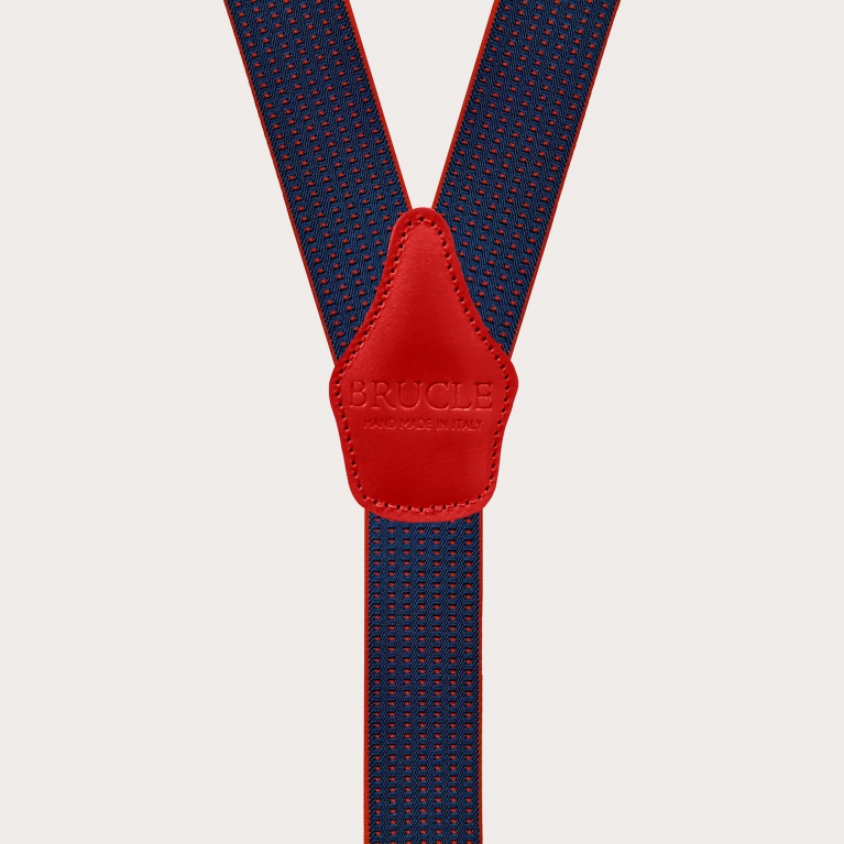 Bretelles élastiques bleues en forme de Y avec motif à pois rouges