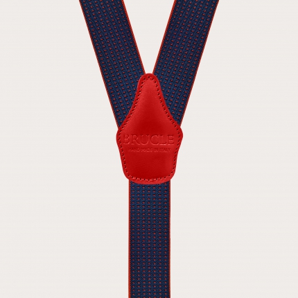 Bretelles élastiques bleues en forme de Y avec motif à pois rouges