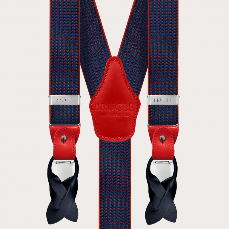 Y-förmige blaue elastische Hosenträger mit rotem Punktmuster