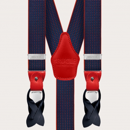 Y-förmige blaue elastische Hosenträger mit rotem Punktmuster