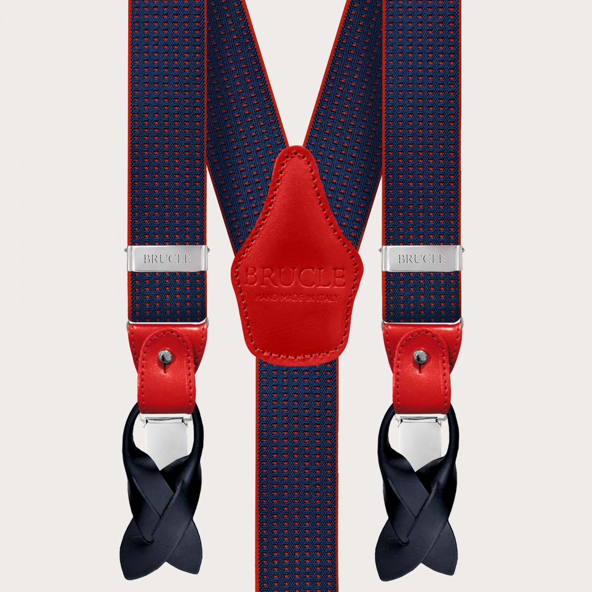 BRUCLE Y-shape blue elastic suspenders with red dotted pattern