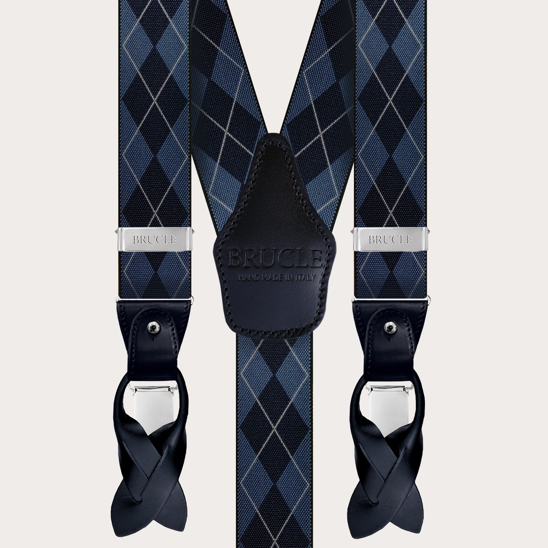 BRUCLE Elastic suspenders with blue checked pattern